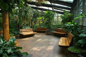 A large room with benches and plants photo