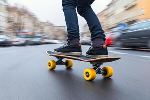 A person riding a skateboard down a city street photo