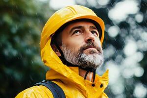 A man in a yellow rain suit and helmet photo