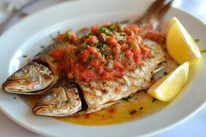 Grilled fish with tomato sauce on a white plate photo