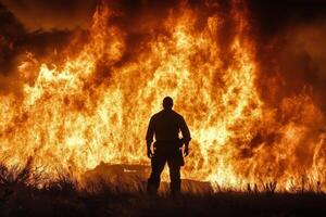 A man standing in front of a fire photo