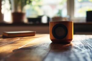 A wooden coffee cup sitting on a table photo
