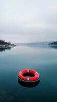 A life preserver floating in the water on a calm day photo
