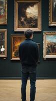 A man looking at paintings in an art gallery photo