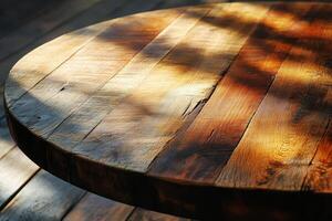 A wooden table with a round top photo