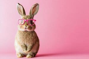 A cute rabbit wearing pink glasses on a pink background photo
