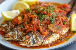 A plate of fish with tomato sauce and lemon wedges photo