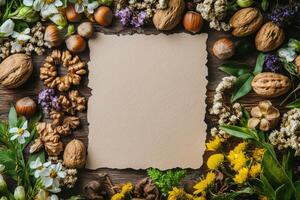 Nutty and wild flowers background with empty paper on wooden table top view photo