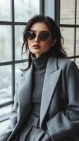 A woman in a gray coat and sunglasses sitting by a window photo