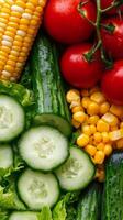 A variety of vegetables and corn photo
