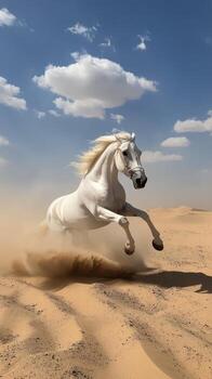 A white horse running in the desert photo