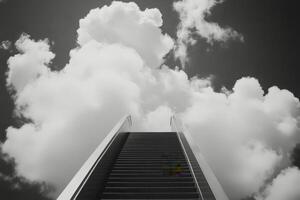 A black and white photo of stairs going up into the clouds