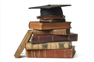 A stack of books with a graduation cap on top photo