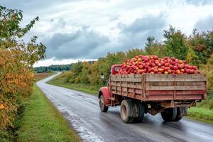A truck carrying apples down a country road photo
