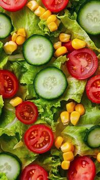 A close up of a salad with tomatoes, corn, cucumbers and lettuce photo