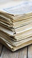 A stack of newspapers sitting on top of a wooden table photo