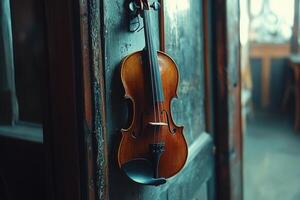 A violin hanging on a door photo