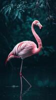 A pink flamingo standing in the water photo