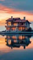 A large house on the shore of a lake at sunset photo