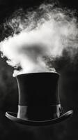 A black and white photo of a top hat with smoke coming out
