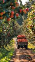 An apple truck is driving down a dirt road with a large pile of apples photo
