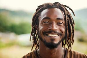 A smiling black man with dreadlocks photo