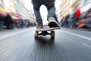A person riding a skateboard down a street photo