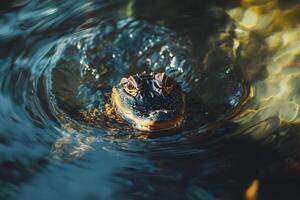 An alligator swimming in the water photo
