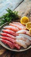 Raw fish on a plate with lemon slices photo