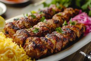 A plate of meat kebabs with rice and vegetables photo