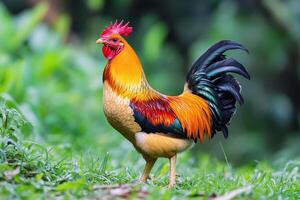 A colorful rooster stands in the grass photo