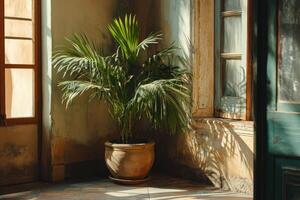 A potted plant sits in front of a window photo