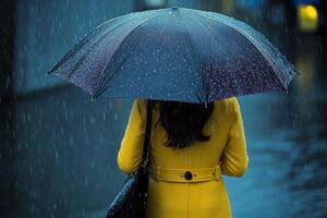 A woman in a yellow coat holding an umbrella photo
