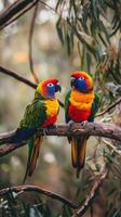 Two colorful parrots sitting on a branch photo
