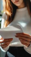 A woman holding a piece of paper and looking at it photo