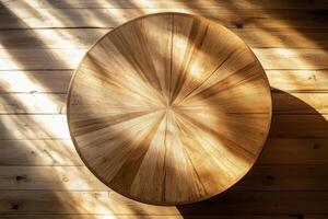 A wooden table with sunlight shining through it photo