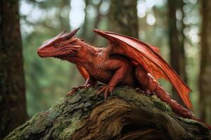 A red dragon sits on top of a tree trunk photo