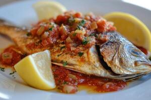 A fish with tomatoes and lemon slices on it photo