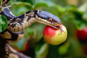 A snake eating an apple on a tree branch photo