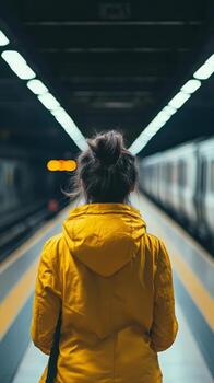 un mujer en un amarillo chaqueta en pie en frente de un subterraneo tren foto