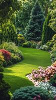 A lush green lawn surrounded by trees and flowers photo