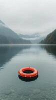 An orange life preserver floating in a lake photo