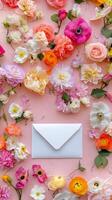 An envelope surrounded by flowers on a pink background photo