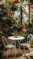 A table and chairs in a garden with plants photo