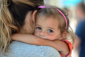 A woman is hugging a little girl photo
