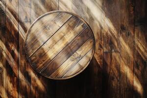 A wooden table with sunlight shining on it photo