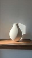 A white vase sitting on a wooden shelf photo