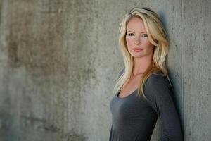 A beautiful blonde woman leaning against a concrete wall photo
