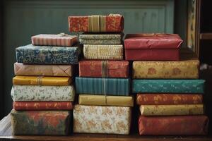 A pile of wrapped presents sitting on top of a table photo
