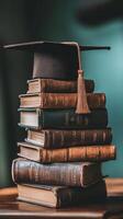 A graduation cap sits on top of a stack of books photo